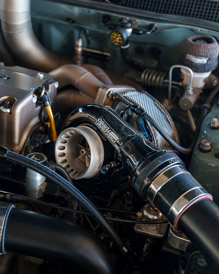 Detailed view of a high-performance engine featuring a turbocharger and custom modifications.